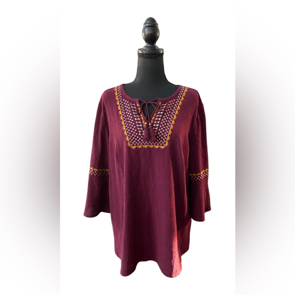 Denim & Company: Maroon Boho Tunic Blouse  with Tassels